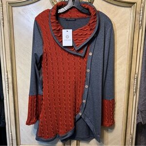 LOVEU.DEAR Orange Cable Knit Gray Long Button Accented Asymmetrical Top NEW NWT